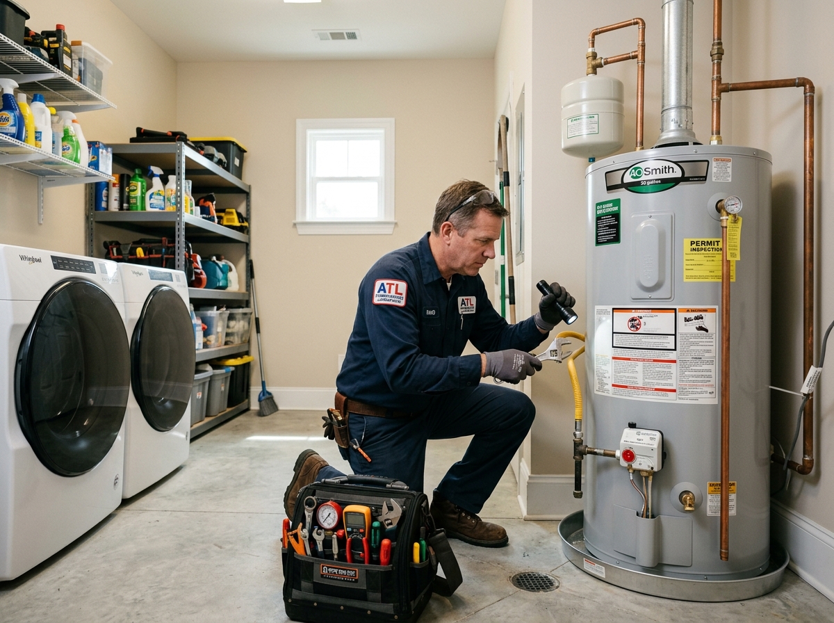 Licensed Alpharetta plumber performing professional water heater repair and safety inspection in a local home